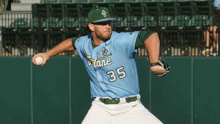 Tulane Baseball pitcher throws in a game.