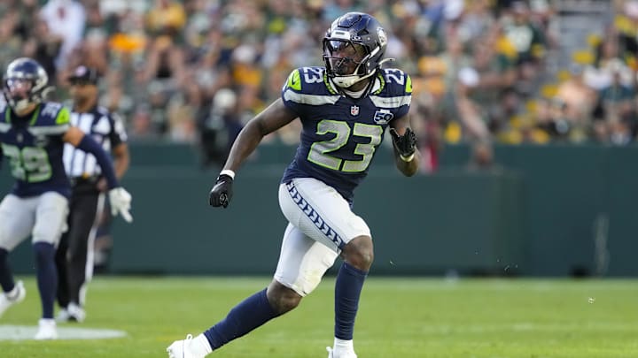 Aug 23, 2025; Green Bay, Wisconsin, USA; Seattle Seahawks safety D'Anthony Bell (23) during the game against the Green Bay Packers at Lambeau Field. 