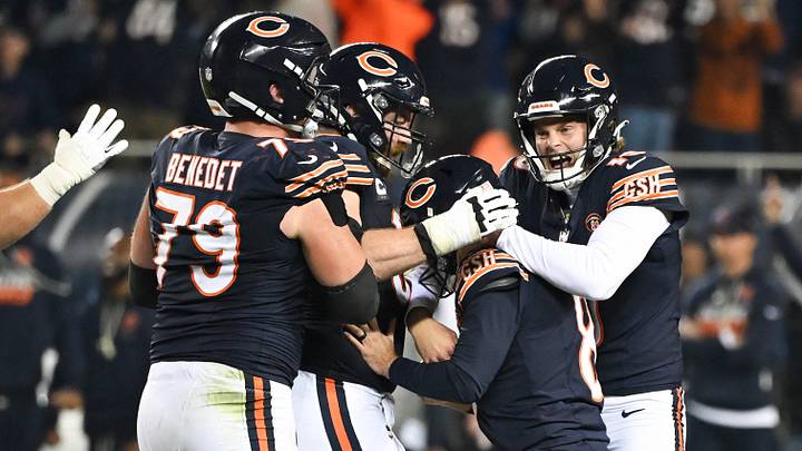 Oct 22, 2026; Chicago, Illinois, USA; Chicago Bears place kicker Cairo Santos (8) celebrates with teammates after making a field goal against the New England Patriots during the fourth quarter at Soldier Field. Mandatory Credit: Matt Marton-Imagn Images
