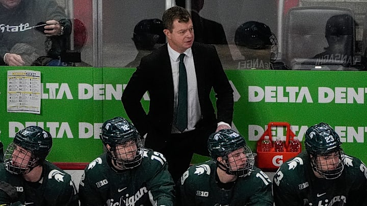 Michigan State head coach Adam Nightingale watches a play against Michigan during the first period of Duel in the D at Little Caesars Arena in Detroit on Saturday, Feb. 8, 2025.