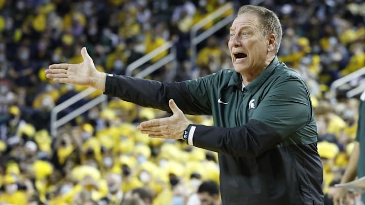Mar 1, 2022; Ann Arbor, Michigan, USA;  Michigan State Spartans head coach Tom Izzo reacts during the first half against the Michigan Wolverines at Crisler Center. Mandatory Credit: Rick Osentoski-Imagn Images