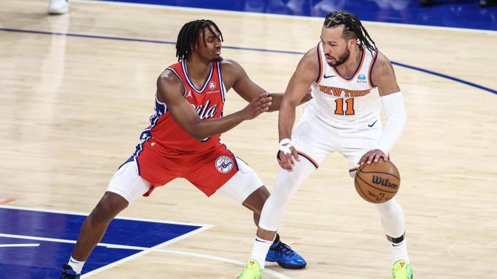 Apr 20, 2024; New York, New York, USA; New York Knicks guard Jalen Brunson (11) looks to drive past