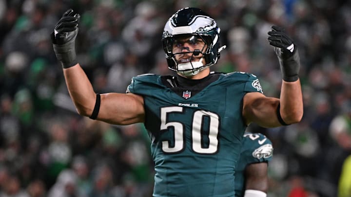 Nov 16, 2025; Philadelphia, Pennsylvania, USA; Philadelphia Eagles linebacker Jaelan Phillips (50) against the Detroit Lions at Lincoln Financial Field. Mandatory Credit: Eric Hartline-Imagn Images Nov 16, 2025; Philadelphia, Pennsylvania, USA; Philadelphia Eagles linebacker Jaelan Phillips (50) against the Detroit Lions at Lincoln Financial Field. Mandatory Credit: Eric Hartline-Imagn Images