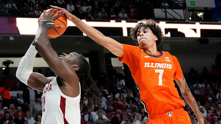 Nov 20, 2024; Birmingham, AL, USA; Illinois forward Will Riley (7) attempts to block a shot by Alabama center Clifford Omoruyi (11) in the CM Newton Classic at Legacy Arena. Mandatory Credit: Gary Cosby Jr.-Tuscaloosa News