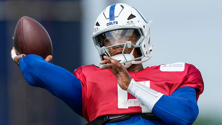 Indianapolis Colts quarterback Anthony Richardson Sr. (5) throws the ball Monday, Aug. 11, 2025, during Indianapolis Colts Training Camp at Grand Park in Westfield. Indianapolis Colts quarterback Anthony Richardson Sr. (5) throws the ball Monday, Aug. 11, 2025, during Indianapolis Colts Training Camp at Grand Park in Westfield.