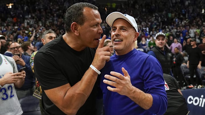 Apr 12, 2022; Minneapolis, Minnesota, USA; Minnesota Timberwolves co-minority owners Alex Rodriguez and Marc Lore celebrate a victory over the Los Angeles Clippers after a play-in game at Target Center. Apr 12, 2022; Minneapolis, Minnesota, USA; Minnesota Timberwolves co-minority owners Alex Rodriguez and Marc Lore celebrate a victory over the Los Angeles Clippers after a play-in game at Target Center.