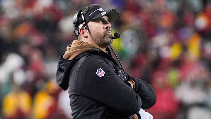 Nov 20, 2023; Kansas City, Missouri, USA; Philadelphia Eagles head coach Nick Sirianni watches