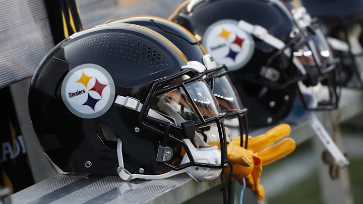 Aug 9, 2024; Pittsburgh, Pennsylvania, USA; Pittsburgh Steelers helmets on the bench during the game against the Houston Texans during the first quarter at Acrisure Stadium. Mandatory Credit: Charles LeClaire-Imagn Images Aug 9, 2024; Pittsburgh, Pennsylvania, USA; Pittsburgh Steelers helmets on the bench during the game against the Houston Texans during the first quarter at Acrisure Stadium. Mandatory Credit: Charles LeClaire-Imagn Images