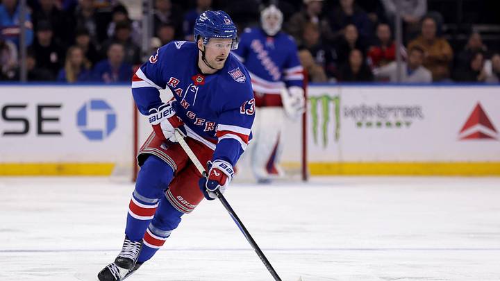 Mar 27, 2026; New York, New York, USA; New York Rangers left wing Alexis Lafreniere (13) brings the puck up ice against the Chicago Blackhawks during the second period at Madison Square Garden. Mandatory Credit: Brad Penner-Imagn Images Mar 27, 2026; New York, New York, USA; New York Rangers left wing Alexis Lafreniere (13) brings the puck up ice against the Chicago Blackhawks during the second period at Madison Square Garden. Mandatory Credit: Brad Penner-Imagn Images