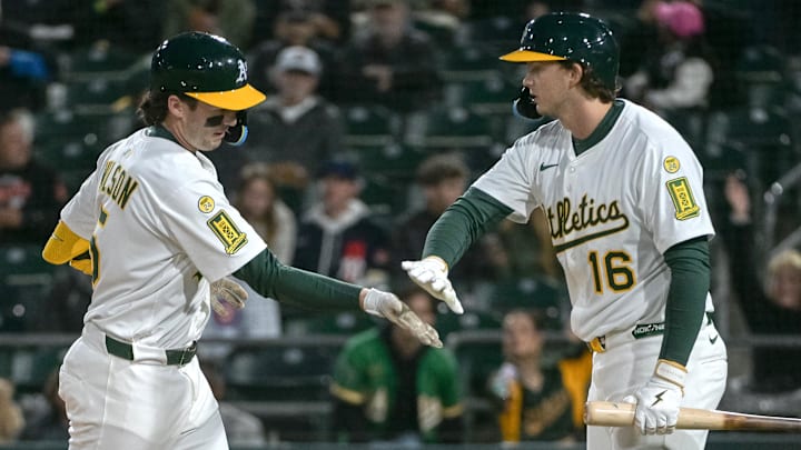 Apr 25, 2025; West Sacramento, California, USA; Athletics shortstop Jacob Wilson (5) celebrates with first baseman Nick Kurtz (16) after hitting a home run against the Chicago White Sox during the fifth inning at Sutter Health Park. Mandatory Credit: Ed Szczepanski-Imagn Images Apr 25, 2025; West Sacramento, California, USA; Athletics shortstop Jacob Wilson (5) celebrates with first baseman Nick Kurtz (16) after hitting a home run against the Chicago White Sox during the fifth inning at Sutter Health Park. Mandatory Credit: Ed Szczepanski-Imagn Images