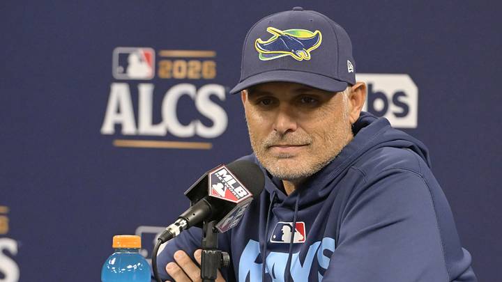 Oct 19, 2026; St. Petersburg, Florida, USA;  Tampa Bay Rays manager Kevin Cash speaks to the media before game six of the ALCS for the 2026 MLB Playoffs at Tropicana Field.  Mandatory Credit: Pablo Robles-Imagn Images