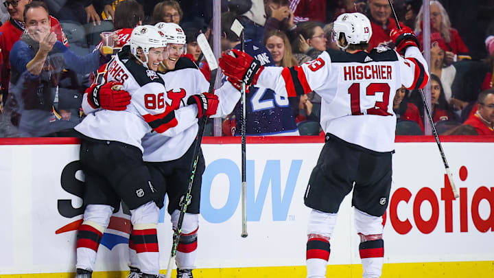 Nov 5, 2022; Calgary, Alberta, CAN; New Jersey Devils left wing Fabian Zetterlund (49) celebrates
