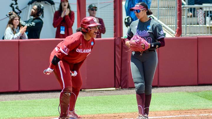 Oklahoma right fielder Ella Parker roars during a contest against Mississippi State in the Norman Super Regional.