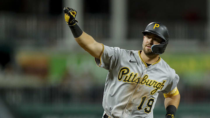 Sep 22, 2023; Cincinnati, Ohio, USA; Pittsburgh Pirates second baseman Jared Triolo (19) reacts
