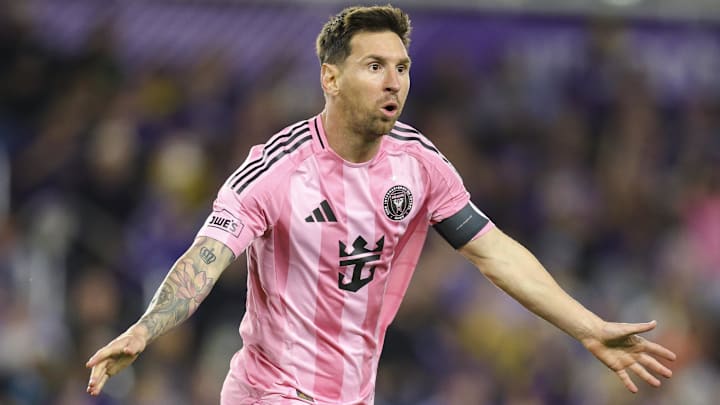 Mar 1, 2026; Orlando, Florida, USA; Inter Miami CF forward Lionel Messi (10) reacts after scoring a goal against Orlando City in the second half at Inter&Co Stadium. Credit: Nathan Ray Seebeck-Imagn Images