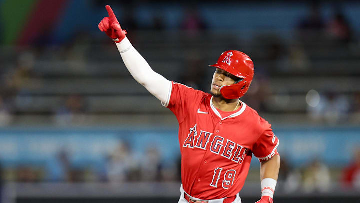 Tampa, Florida, USA; Los Angeles Angels center fielder Kyren Paris (19) runs the bases after hitting a home run against the Tampa Bay Rays in the eighth inning at George M. Steinbrenner Field. Tampa, Florida, USA; Los Angeles Angels center fielder Kyren Paris (19) runs the bases after hitting a home run against the Tampa Bay Rays in the eighth inning at George M. Steinbrenner Field.