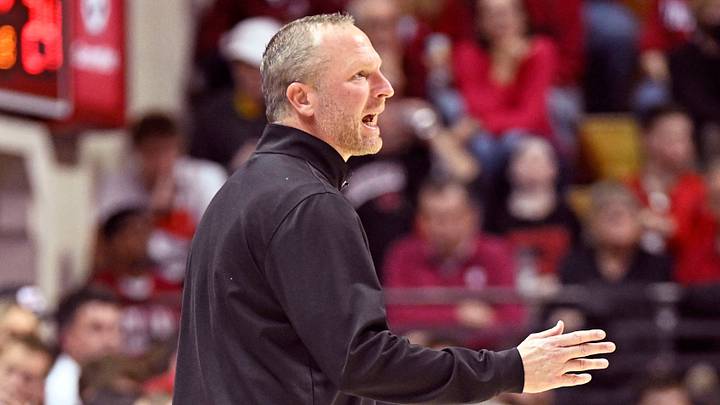 Nov 12, 2025; Bloomington, Indiana, USA; Indiana Hoosiers head coach Darian Devries walks along the sideline during the first half against the Milwaukee Panthers at Simon Skjodt Assembly Hall. Mandatory Credit: Robert Goddin-Imagn Images