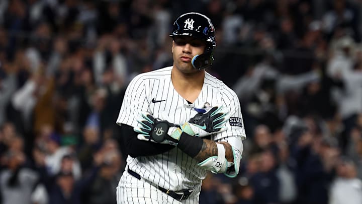 Oct 29, 2024; Bronx, New York, USA; New York Yankees second baseman Gleyber Torres (25) reacts after hitting a three-run home run against the Los Angeles Dodgers in the eighth inning during Game 4 of the 2024 MLB World Series at Yankee Stadium. Oct 29, 2024; Bronx, New York, USA; New York Yankees second baseman Gleyber Torres (25) reacts after hitting a three-run home run against the Los Angeles Dodgers in the eighth inning during Game 4 of the 2024 MLB World Series at Yankee Stadium.