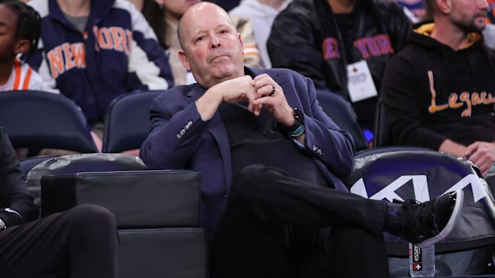 Nov 9, 2025; New York, New York, USA;  New York Knicks President Leon Rose sits courtside during pregame warmups prior to the game against the Brooklyn Nets at Madison Square Garden.