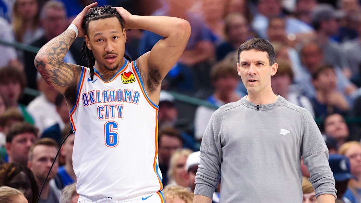 May 11, 2024; Dallas, Texas, USA; Oklahoma City Thunder forward Jaylin Williams (6) and Oklahoma City Thunder head coach Mark Daigneault react during the game against the Dallas Mavericks during game three of the second round for the 2024 NBA playoffs at American Airlines Center. Mandatory Credit: Kevin Jairaj-Imagn Images