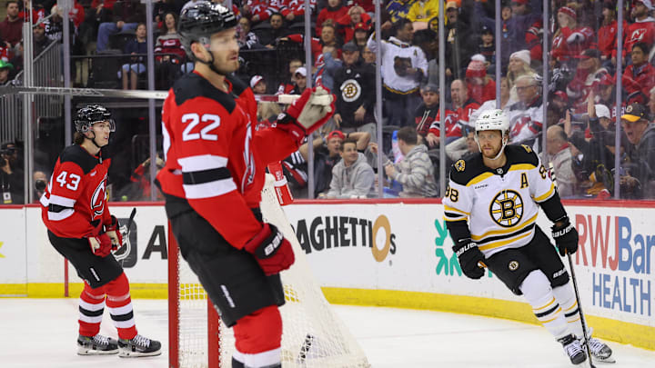 Boston Bruins right wing David Pastrnak (88) celebrates his goal against the New Jersey Devils: Ed Mulholland-Imagn Images