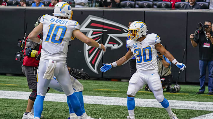 Nov 6, 2022; Atlanta, Georgia, USA; Los Angeles Chargers running back Austin Ekeler (30) reacts with