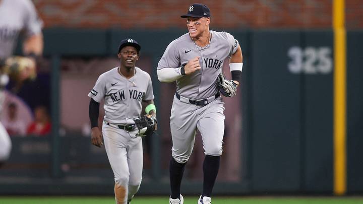 Jul 19, 2025; Atlanta, Georgia, USA; New York Yankees right fielder Aaron Judge (99) talks to second baseman Jazz Chisholm Jr. (13) against the Atlanta Braves in the eighth inning at Truist Park. Mandatory Credit: Brett Davis-Imagn Images