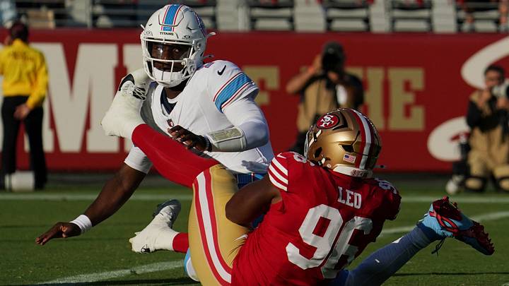 Aug 13, 2026; Santa Clara, California, USA; Tennessee Titans quarterback Cam Ward (1) is sacked by San Francisco 49ers defensive end Titus Leo (96) in the first quarter at Levi's Stadium. Mandatory Credit: David Gonzales-Imagn Images Aug 13, 2026; Santa Clara, California, USA; Tennessee Titans quarterback Cam Ward (1) is sacked by San Francisco 49ers defensive end Titus Leo (96) in the first quarter at Levi's Stadium. Mandatory Credit: David Gonzales-Imagn Images