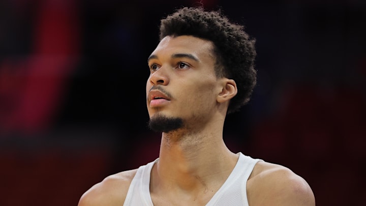Oct 15, 2024; Miami, Florida, USA; San Antonio Spurs center Victor Wembanyama (1) looks on before the game against the Miami Heat at Kaseya Center.