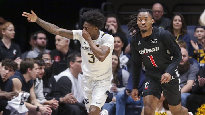 Jan 6, 2026; Morgantown, West Virginia, USA; West Virginia Mountaineers guard Honor Huff (3) celebrates a made three point basket during the first half against the Cincinnati Bearcats at Hope Coliseum. Jan 6, 2026; Morgantown, West Virginia, USA; West Virginia Mountaineers guard Honor Huff (3) celebrates a made three point basket during the first half against the Cincinnati Bearcats at Hope Coliseum.