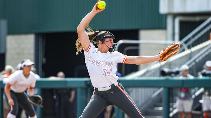 Clemson junior Valerie Cagle (72) pitches against Auburn University 