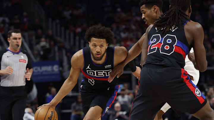 Mar 13, 2024; Detroit, Michigan, USA;  Detroit Pistons guard Cade Cunningham (2) dribbles in the first half against the Toronto Raptors at Little Caesars Arena. Mandatory Credit: Rick Osentoski-Imagn Images