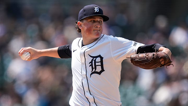 Detroit Tigers pitcher Reese Olson (45) throws against San Diego Padres during the first inning at Comerica Park in Detroit on Wednesday, April 23, 2025.