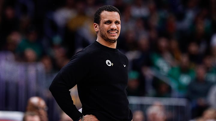 Jan 7, 2025; Denver, Colorado, USA; Boston Celtics head coach Joe Mazzulla looks on in the second quarter against the Denver Nuggets at Ball Arena. Mandatory Credit: Isaiah J. Downing-Imagn Images