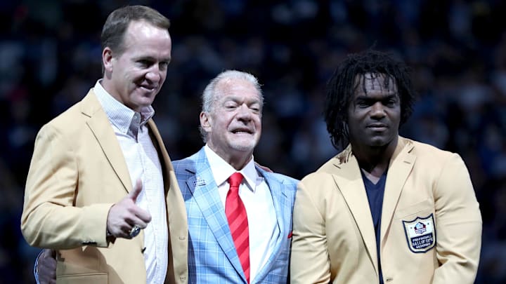 Peyton Manning and Edgerrin James stand with Jim Irsay after receiving their hall of fame rings Sunday, Sept. 19, 2021, during halftime of a game against the Los Angeles Rams at Lucas Oil Stadium in Indianapolis. Peyton Manning and Edgerrin James stand with Jim Irsay after receiving their hall of fame rings Sunday, Sept. 19, 2021, during halftime of a game against the Los Angeles Rams at Lucas Oil Stadium in Indianapolis.