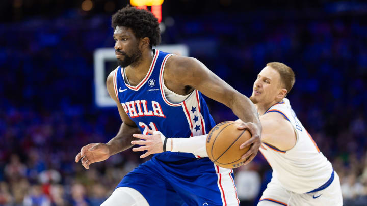 May 2, 2024; Philadelphia, Pennsylvania, USA; Philadelphia 76ers center Joel Embiid (21) drives