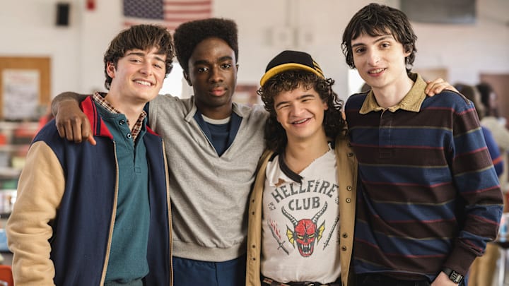 STRANGER THINGS: SEASON 5. (L to R) Noah Schnapp, Caleb McLaughlin, Gaten Matarazzo, and Finn Wolfhard behind the scenes of Stranger Things: Season 5