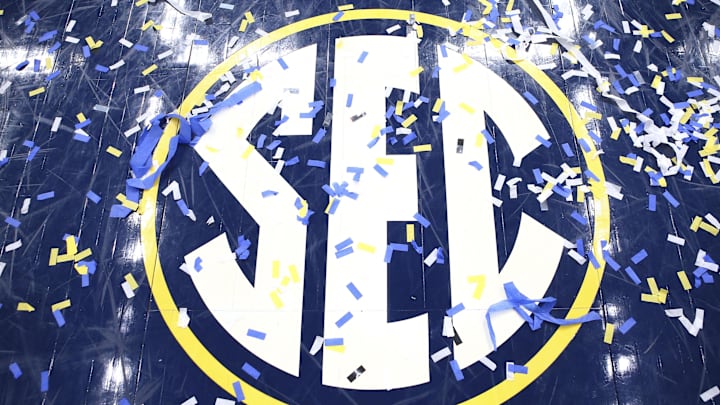 Mar 11, 2018; St. Louis, MO, USA; A detailed view of the SEC logo on the court after the Kentucky