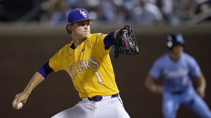 Jun 2, 2024; Chapel Hill, NC, USA; Louisiana State Tigers pitcher Gavin Guidry (1) pitches against the North Carolina Tar Heels in the ninth inning of the Div. I NCAA baseball regional at Boshamer Stadium.  Mandatory Credit: Jeffrey Camarati-USA TODAY Sports

