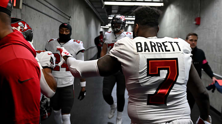 Jan 21, 2024; Detroit, Michigan, USA; Tampa Bay Buccaneers linebacker Shaquil Barrett (7) with teammates in the tunnel before a 2024 NFC divisional round game against the Detroit Lions at Ford Field. Mandatory Credit: Lon Horwedel-Imagn Images