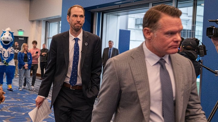 Shane Steichen, left, walks in with Colts executives before being introduced at a press conference Tuesday, Feb. 14, 2023 announcing that he is the new Indianapolis Colts Head Coach. Colts Owner and CEO Jim Irsay and General Manager Chris Ballard introduced the new coach in the Gridiron Hall of the Indiana Farm Bureau Football Center.
Shane Steichen Is The New Indianapolis Colts Head Coach Shane Steichen, left, walks in with Colts executives before being introduced at a press conference Tuesday, Feb. 14, 2023 announcing that he is the new Indianapolis Colts Head Coach. Colts Owner and CEO Jim Irsay and General Manager Chris Ballard introduced the new coach in the Gridiron Hall of the Indiana Farm Bureau Football Center.
Shane Steichen Is The New Indianapolis Colts Head Coach