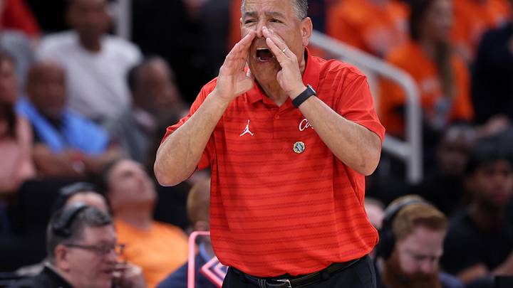 Houston Cougars head coach Kelvin Sampson reacts in the first half during a Sweet Sixteen game of the South Regional of the men's 2026 NCAA Tournament at Toyota Center