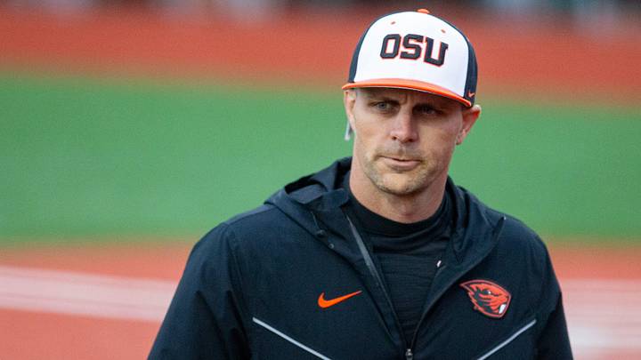 Oregon State head coach Mitch Canham returns to the dugout duringÊthe NCAA college baseball game at Goss Stadium on Friday,ÊApril 26, 2024, in Corvallis, Ore. Oregon State head coach Mitch Canham returns to the dugout duringÊthe NCAA college baseball game at Goss Stadium on Friday,ÊApril 26, 2024, in Corvallis, Ore.