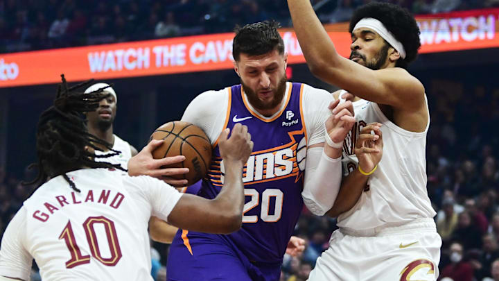 Mar 11, 2024; Cleveland, Ohio, USA; Phoenix Suns center Jusuf Nurkic (20) drives to the basket