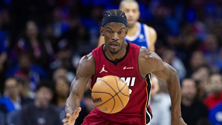 Apr 17, 2024; Philadelphia, Pennsylvania, USA; Miami Heat forward Jimmy Butler (22) picks up a loose