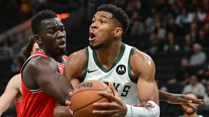 Milwaukee Bucks forward Giannis Antetokounmpo (34) looks for a shot against Chicago Bulls forward Adama Sanogo (21) in the third quarter at Fiserv Forum. Mandatory Credit: Benny Sieu-Imagn Images