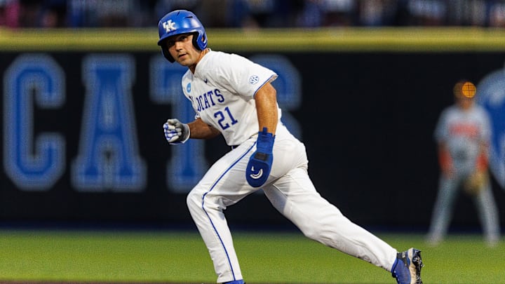Jun 8, 2024; Lexington, KY, USA; Kentucky Wildcats outfielder Ryan Waldschmidt (21) steals third base during the seventh inning against the Oregon State Beavers at Kentucky Proud Park. Mandatory Credit: Jordan Prather-Imagn Images