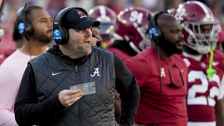Nov 16, 2024; Tuscaloosa, AL, USA; Alabama defensive coordinator Kane Wommack calls defensive plays during the game with Mercer Bears at Bryant-Denny Stadium. Mandatory Credit: Gary Cosby Jr.-Imagn Images