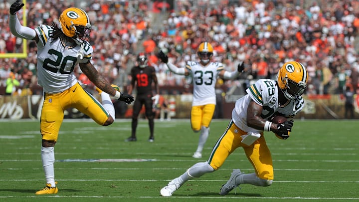 Green Bay Packers safety Xavier McKinney (29) picks off a pass thrown by Cleveland Browns quarterback Joe Flacco (15) at the end of the first half of an NFL football game at Huntington Bank Field, Sept. 21, 2025, in Cleveland, Ohio.