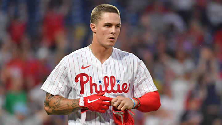 Jun 28, 2022; Philadelphia, Pennsylvania, USA; Philadelphia Phillies center fielder Mickey Moniak (16) reacts after after striking out against the Atlanta Braves at Citizens Bank Park.